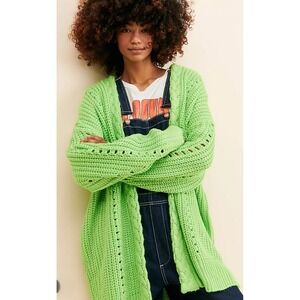 Farm Rio Cardigan Women XS Green Chunky Cable Knit Longline Open Front Sweater
